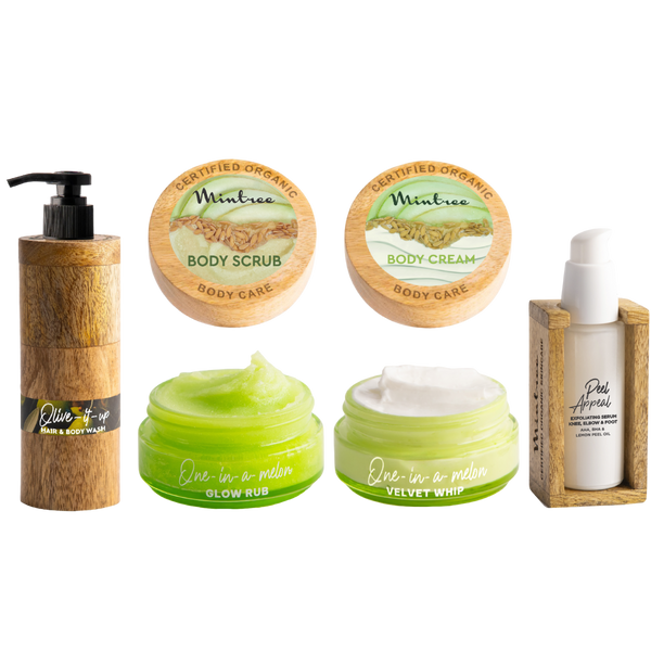 Peel Appeal Serum,Olive Hair & Body Wash,One in a Melon Body Scrub & Body Butter